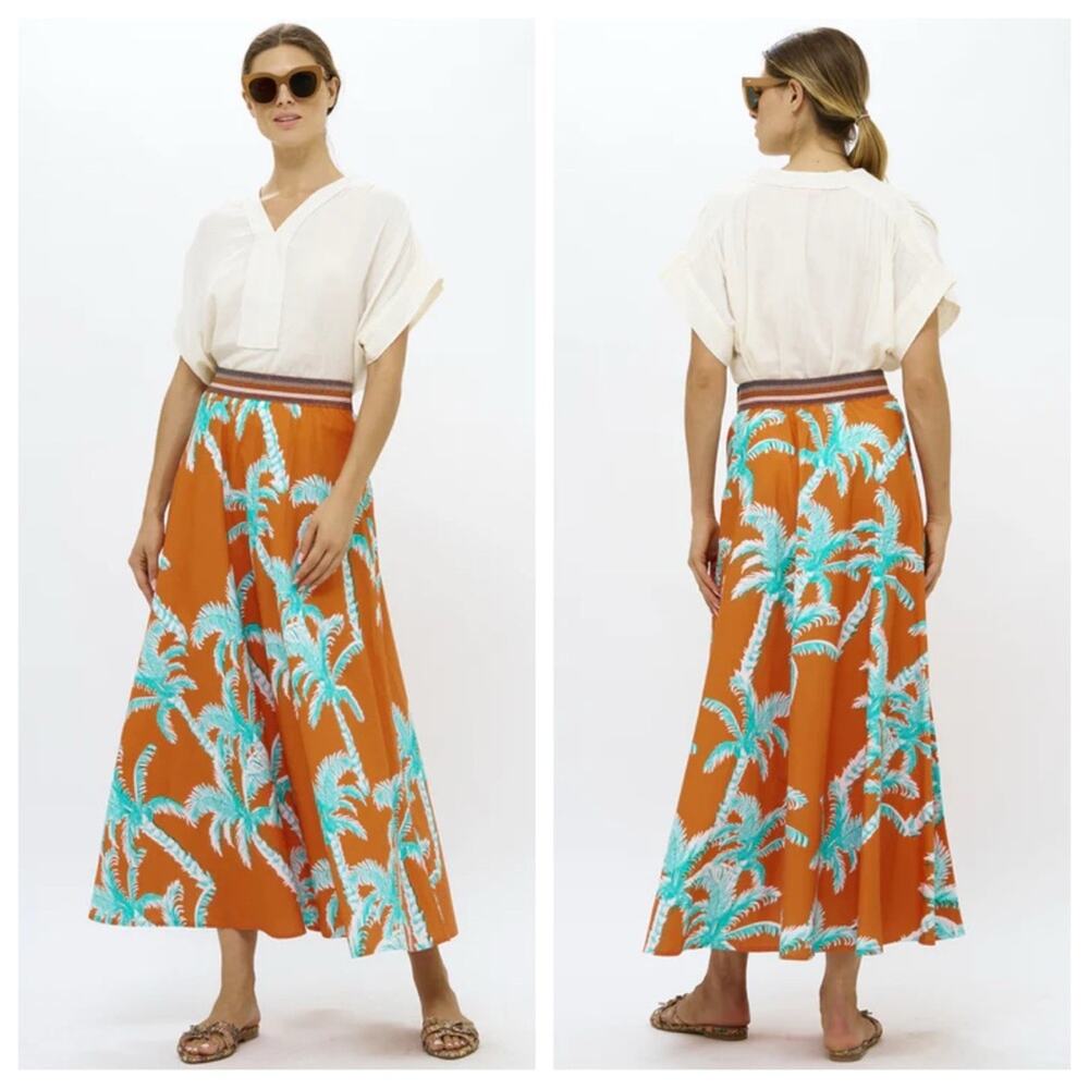 Oliphant Orange Midi Skirt with Turquoise Palm Print